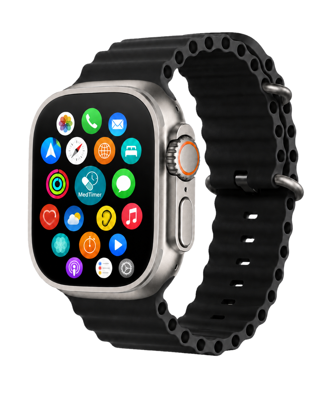Apple Watch Ultra mit MedTimer-App im App-Menü